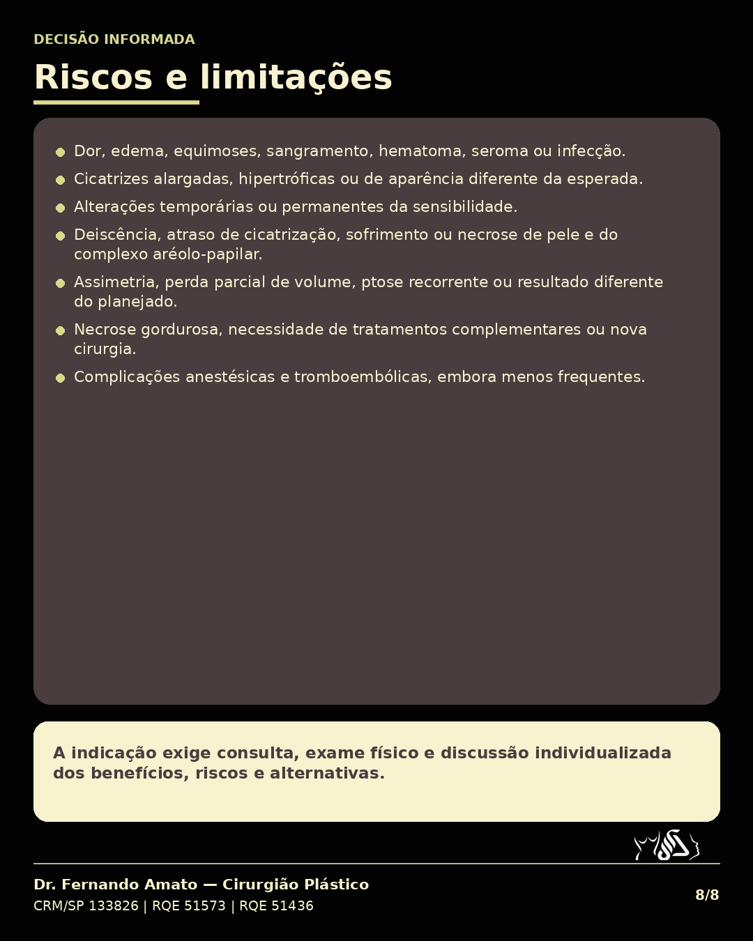 Quadro-resumo dos principais riscos e limitações do procedimento cirúrgico